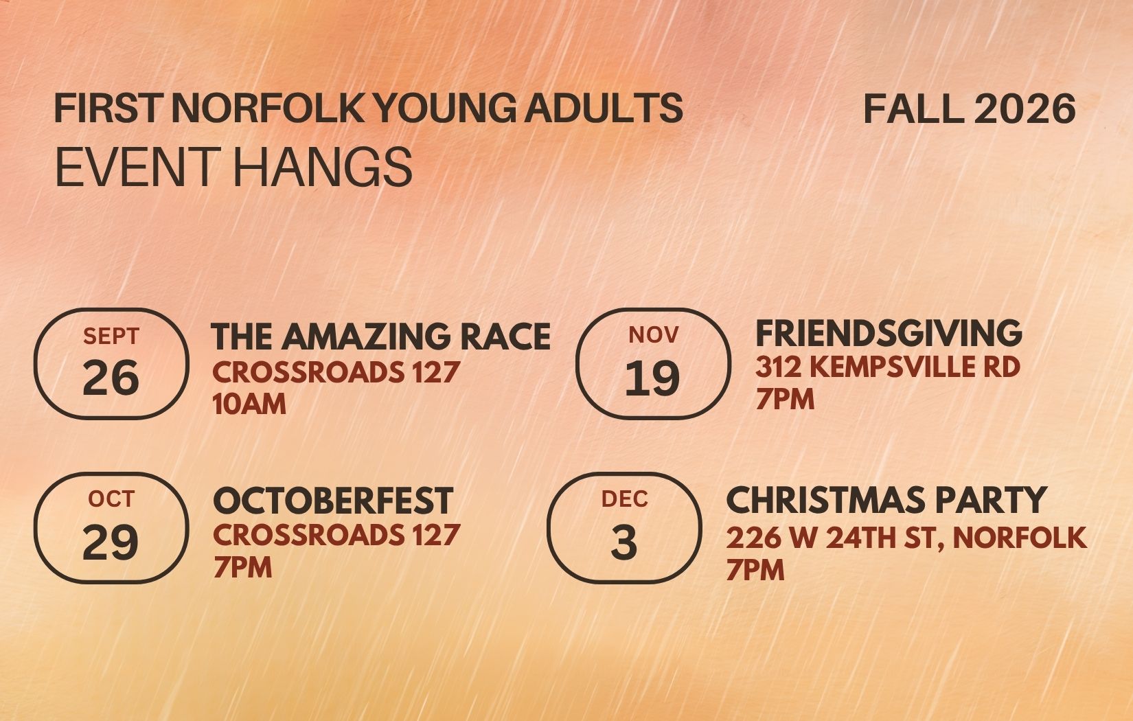 Young Adults Fall 2025 Events Hang